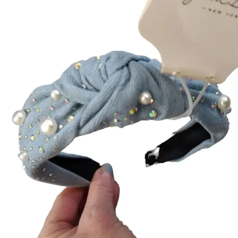 Gem Bella Light Blue‎ Denim Embellished Top Knot Headband NWT